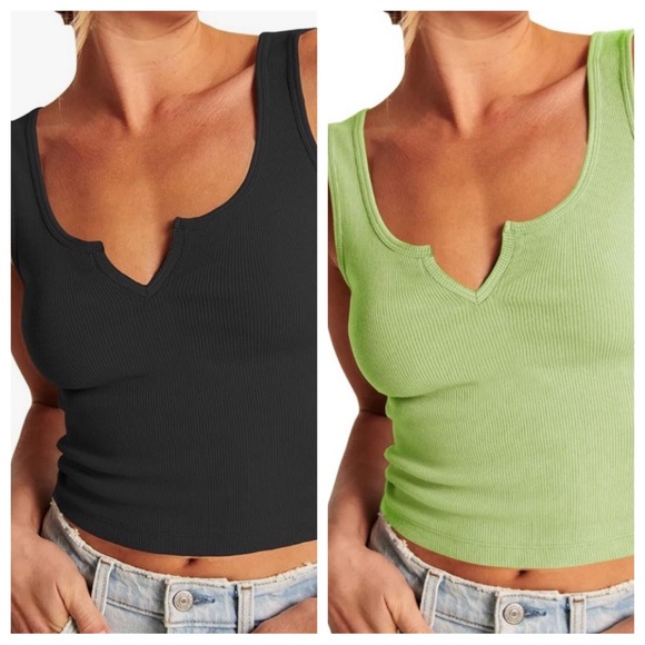 Notch Neck Ribbed Tank Bundle - Green - Black - XS (EUC) - Picture 1 of 8